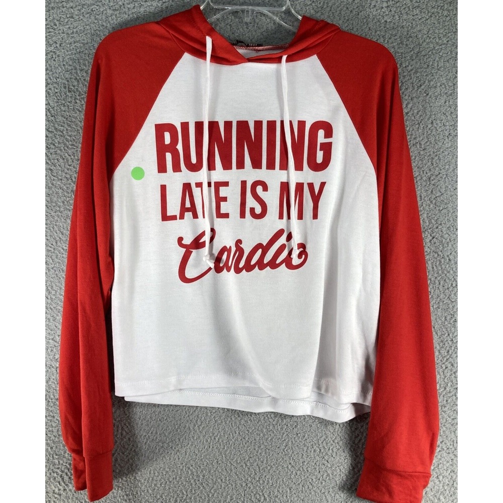 Running Late Is My Cardio Graphic Hoodie Womens Large Red White Sweatshirt FLAWs